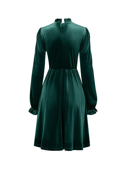 A-Line High Waisted Hollow Ruffled Solid Color Velvet Mock Neck Mini Dresses