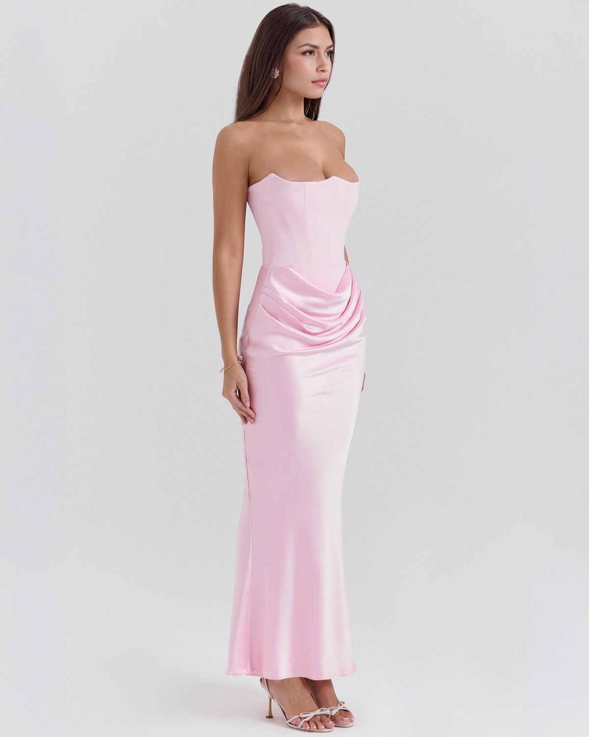 Strapless Pointed Sweetheart Corset Bodice Draped Hip Column Maxi Gown