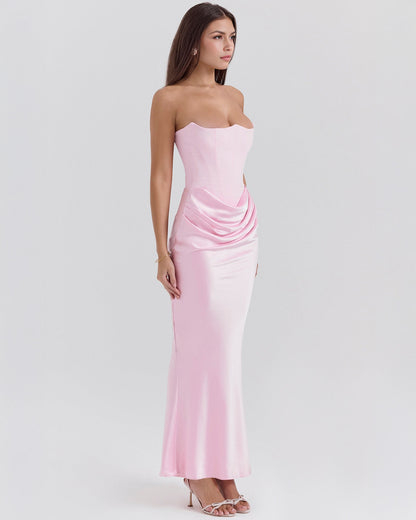 Strapless Pointed Sweetheart Corset Bodice Draped Hip Column Maxi Gown