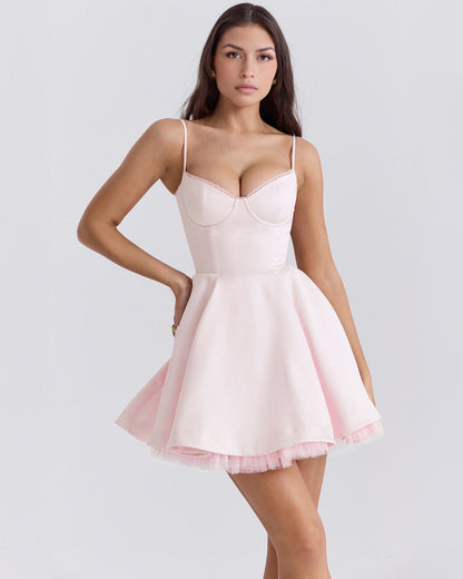 Bustier Sweetheart Lace Trim Spaghetti Strap Tulle Hem Mini Dress