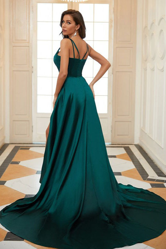 Deep V-Neck Spaghetti Strap Ruched Hip Wrap Satin Maxi Gown