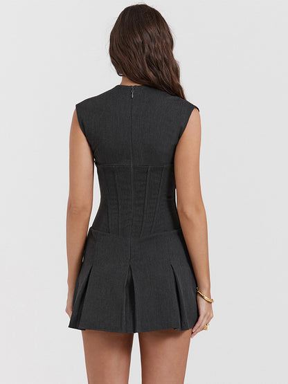 Skater Dresses Polyester Embellished Collar Lace Up Gray Chic Sleeveless Flared Dress Mini Dresses