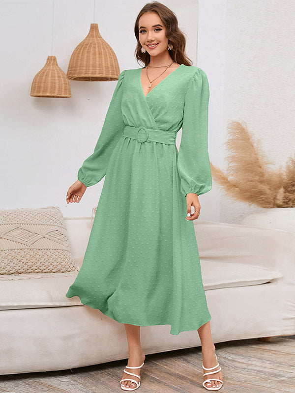 Midi Dresses V-Neck Lantern Sleeves Sash Chiffon Knee Length Dress