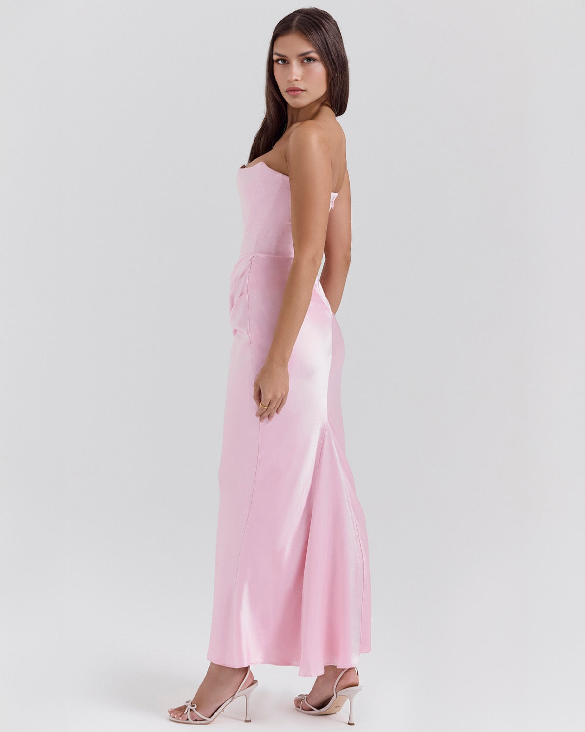 Strapless Pointed Sweetheart Corset Bodice Draped Hip Column Maxi Gown