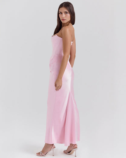 Strapless Pointed Sweetheart Corset Bodice Draped Hip Column Maxi Gown