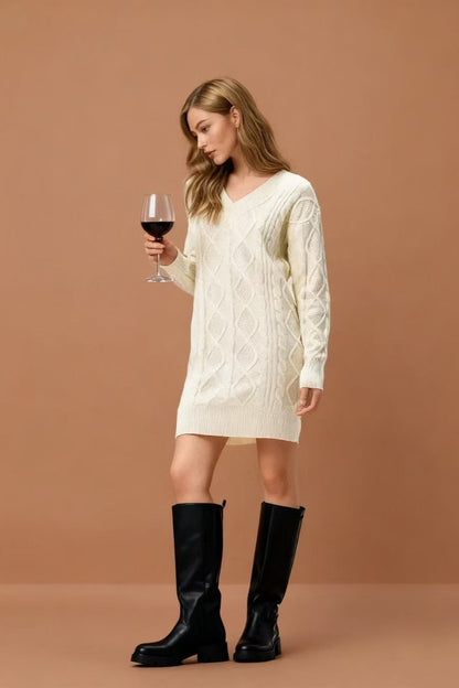 V-Neck Solid Cable-Knit Sweater Mini Dress