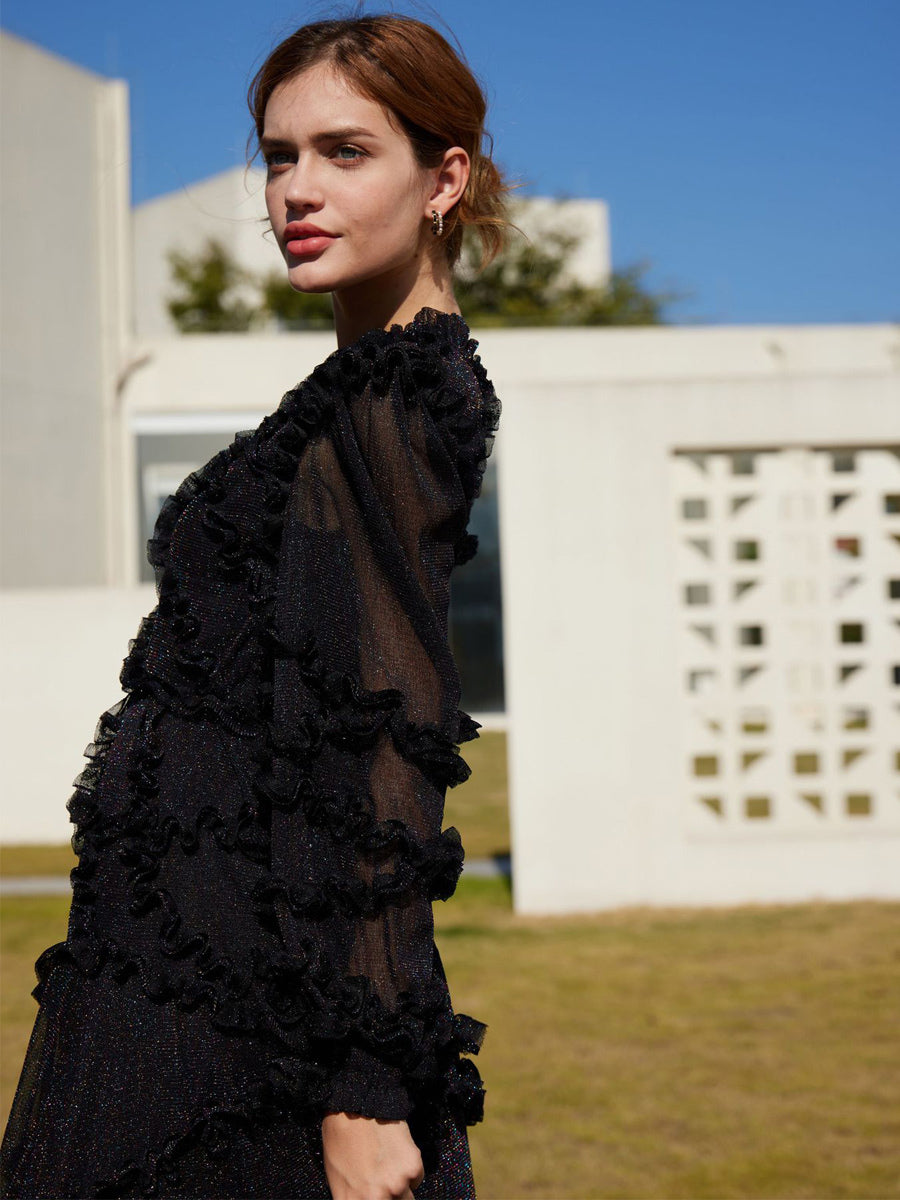 Ruffles Dress Illusion Long Sleeves High Collar Tulle Party Maxi Dresses