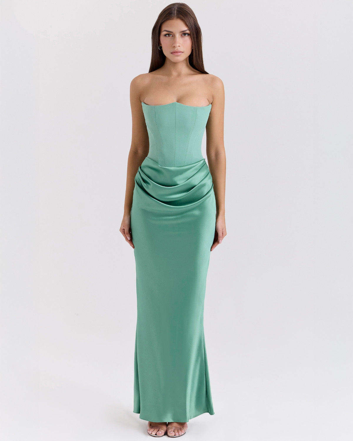 Strapless Pointed Sweetheart Corset Bodice Draped Hip Column Maxi Gown