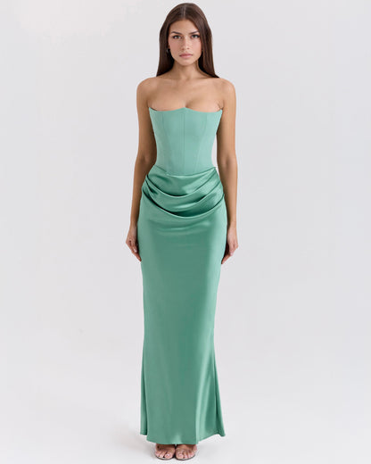 Strapless Pointed Sweetheart Corset Bodice Draped Hip Column Maxi Gown