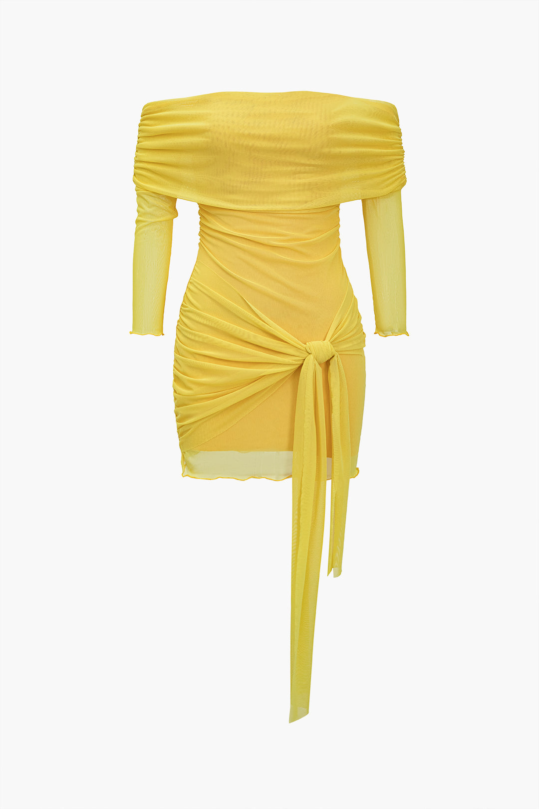 Off Shoulder Ruched Long Sleeve Side Sash Drape Bodycon Mini Dress