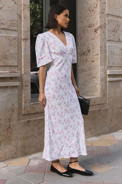 Ditsy Floral Deep V Button Placket Butterfly Sleeve Empire Waist Maxi Dress