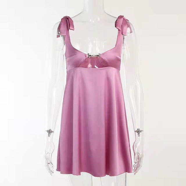 TARUXY Bandage Satin Dress Women Party Sexy Backless Sleeveless Loose Dresses Ladies Hollow Out Casual Mini Dress Woman 2024 New