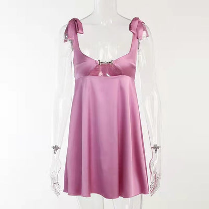 TARUXY Bandage Satin Dress Women Party Sexy Backless Sleeveless Loose Dresses Ladies Hollow Out Casual Mini Dress Woman 2024 New