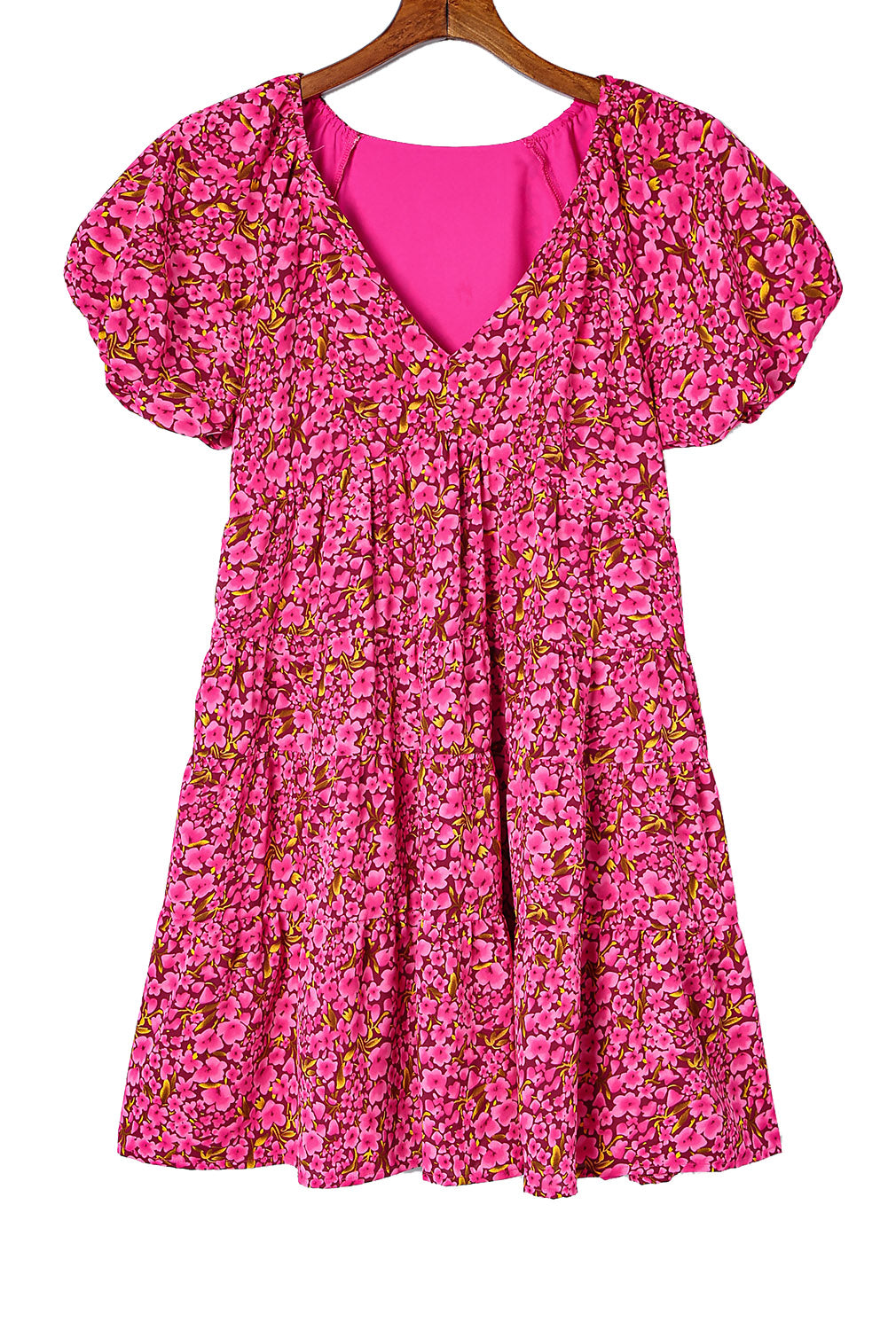 Rose Floral Print Puff Sleeve Babydoll Mini Dress