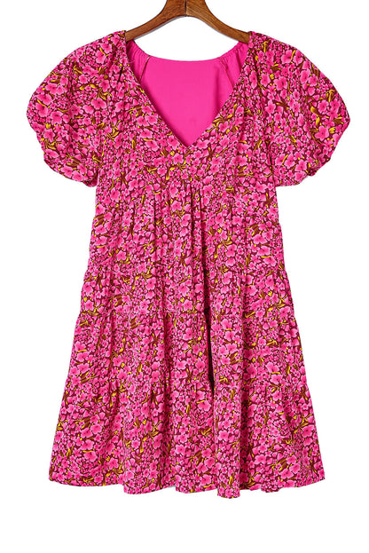 Rose Floral Print Puff Sleeve Babydoll Mini Dress