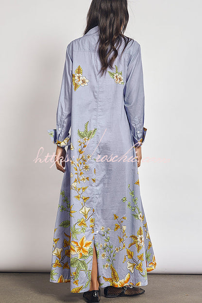 Opera Unique Floral Print Long Sleeve Pocket A-line Shirt Maxi Dress