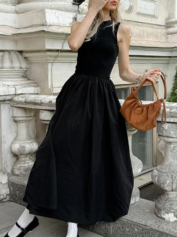 A-Line Sleeveless Solid Color Split-Joint Round-Neck Maxi Dresses