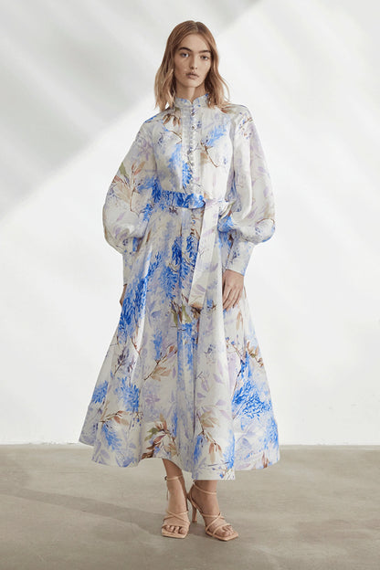 Floral Button Lantern Sleeve Midi Dress