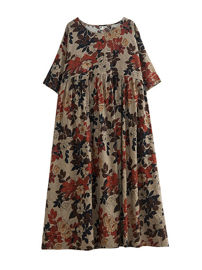Loose Puff Sleeves Floral Printed Round-Neck Midi Dresses