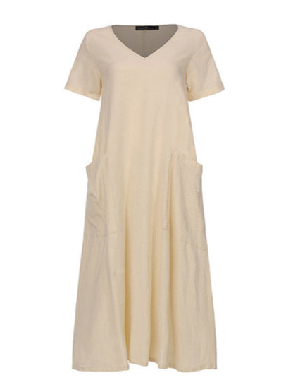 Ramie Cotton Solid Color Plus Size V-Neck Casual Dress