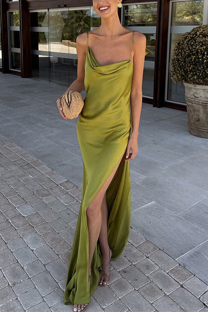 Margovil High Slit Back Drape Cascading Satin Maxi Cami Dress