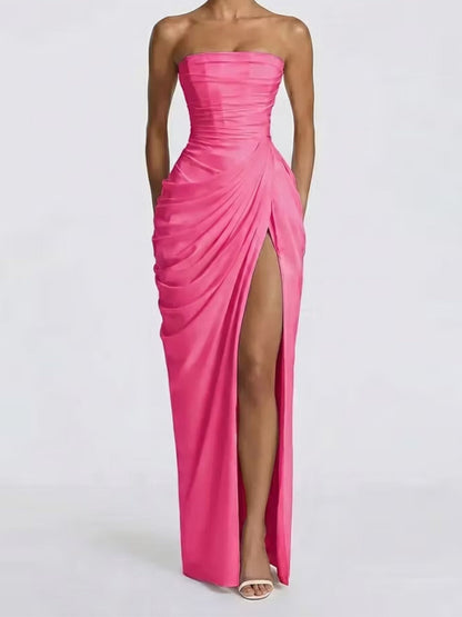 Pleated Slit Strapless Waist Maxi Dresses