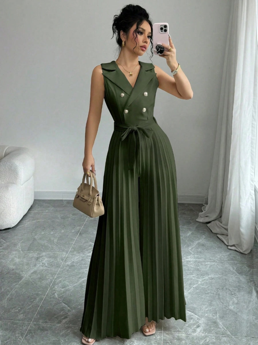 Commuting Suit Collar Pleated Pants Double-breasted Jumpsuits