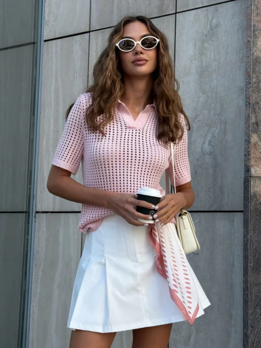 Hollow Crochet Lapel Short Sleeve Knitwear T-shirts