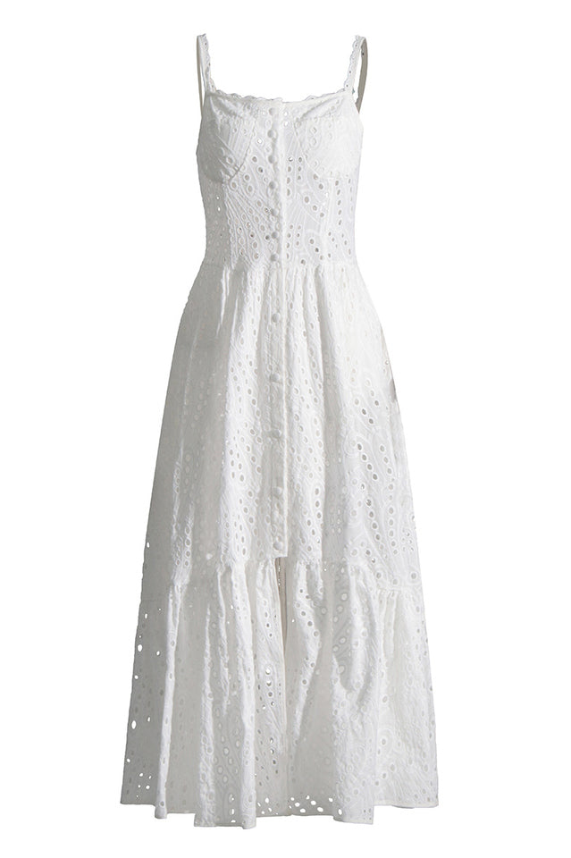 Eyelet Embroidery Spaghetti Strap Smocked Tiered Ruffle Hem Maxi Dress