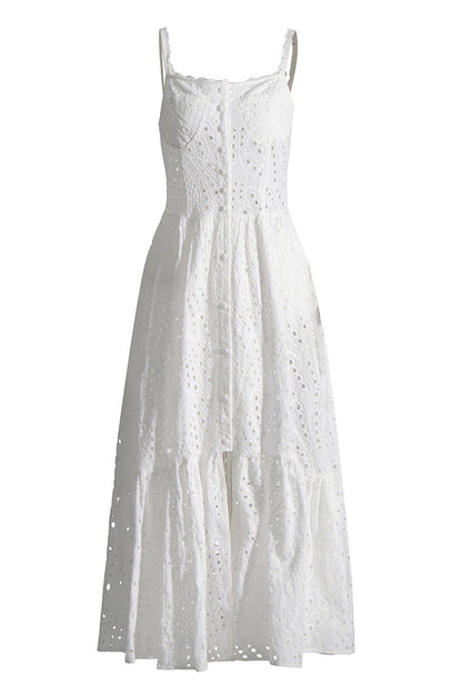 Eyelet Embroidery Spaghetti Strap Smocked Tiered Ruffle Hem Maxi Dress