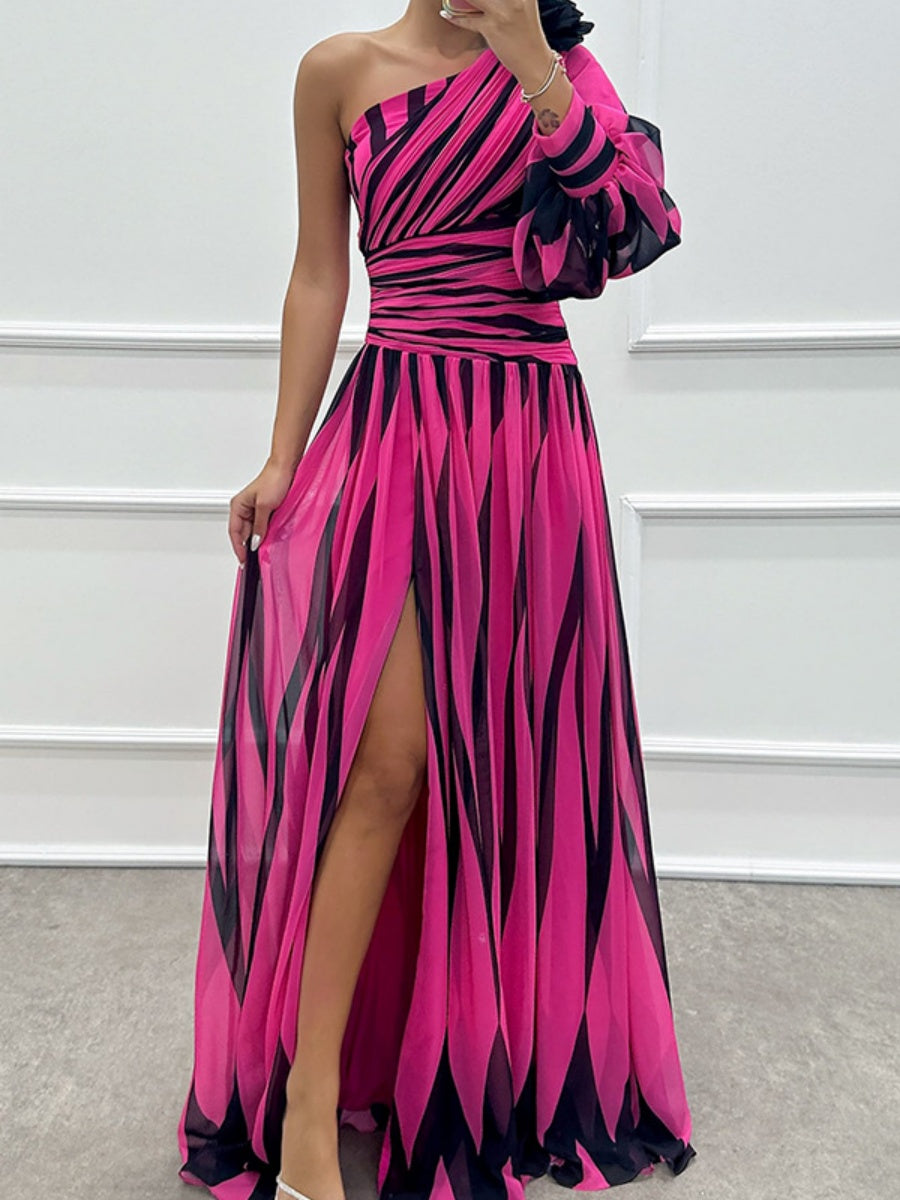 Color-blocked Printed Sloping Shoulders Slit Formal Dress Maxi Dresses