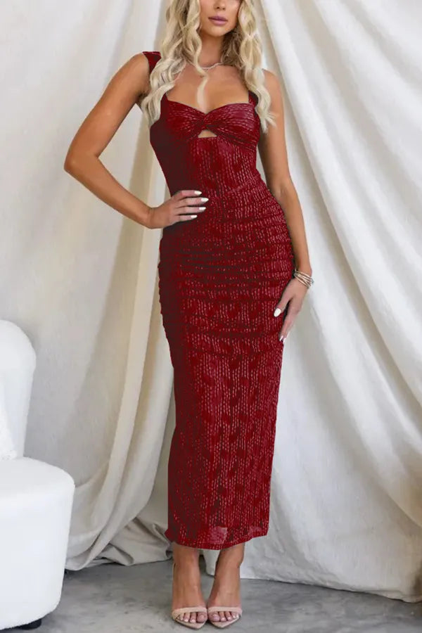 Ruched Sweetheart Spaghetti Strap Mesh Panel Keyhole Cutout Bodycon Maxi Dress