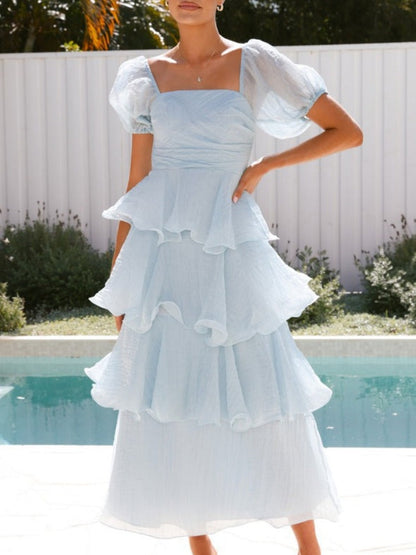 Square Collar Puff Sleeve Cake Skirt Vacation Parties Maxi Dresses