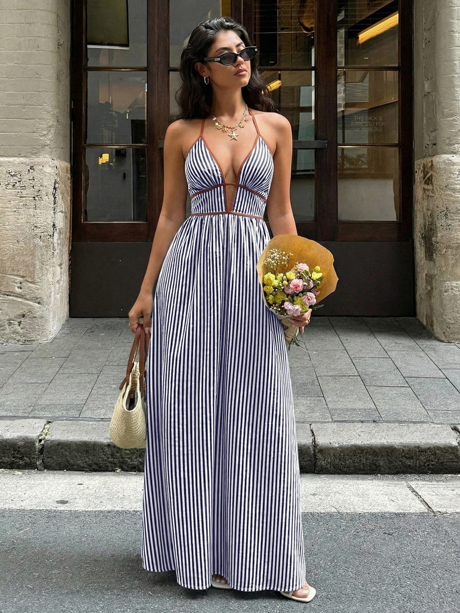 Stripes Color-blocked Splicing V-neck Hollow Maxi Dresses
