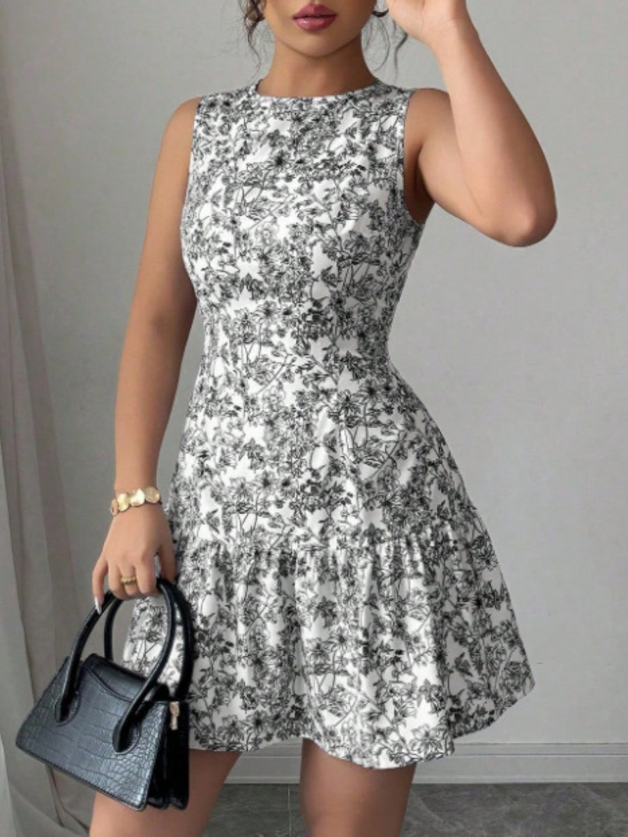 Bohemian Style French Elegance Floral Print Sleeveless Belted Short Dress