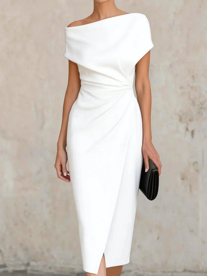 Off-the-shoulder, Fitted Waist, Pleated, Slit Midi Dress