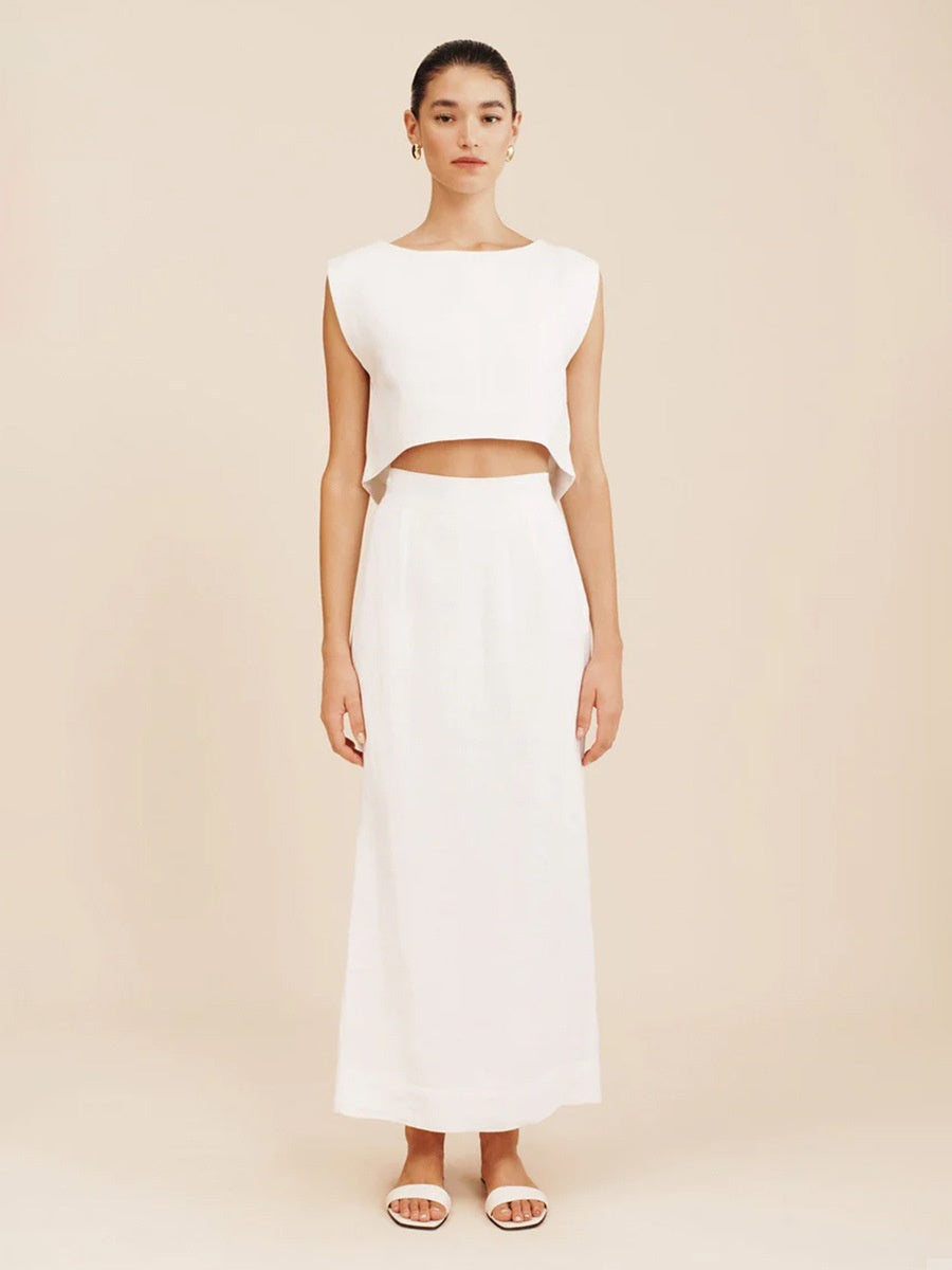 Cotton And Linen Loose-fitting Crew Neck Cropped Vest High-waisted Midi Skirt Set 2-piece Sets