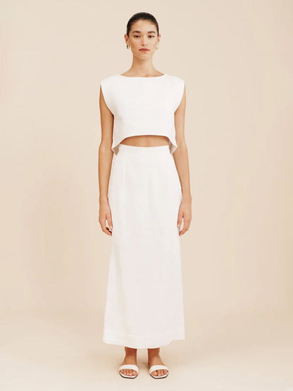Cotton And Linen Loose-fitting Crew Neck Cropped Vest High-waisted Midi Skirt Set 2-piece Sets