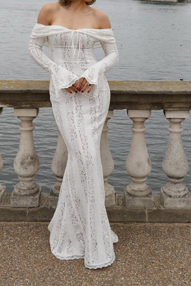 Off-the-Shoulder Lace Bell Sleeve Tie Front Bodycon Mermaid Maxi Dress