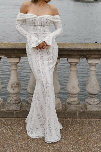 Off-the-Shoulder Lace Bell Sleeve Tie Front Bodycon Mermaid Maxi Dress