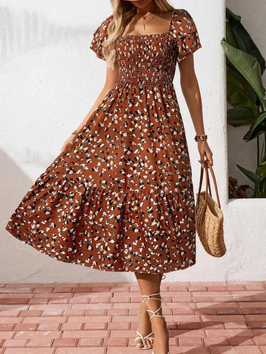 Floral Short Sleeve Square Collar Ruffle Vacation And Leisure Maxi Dresses