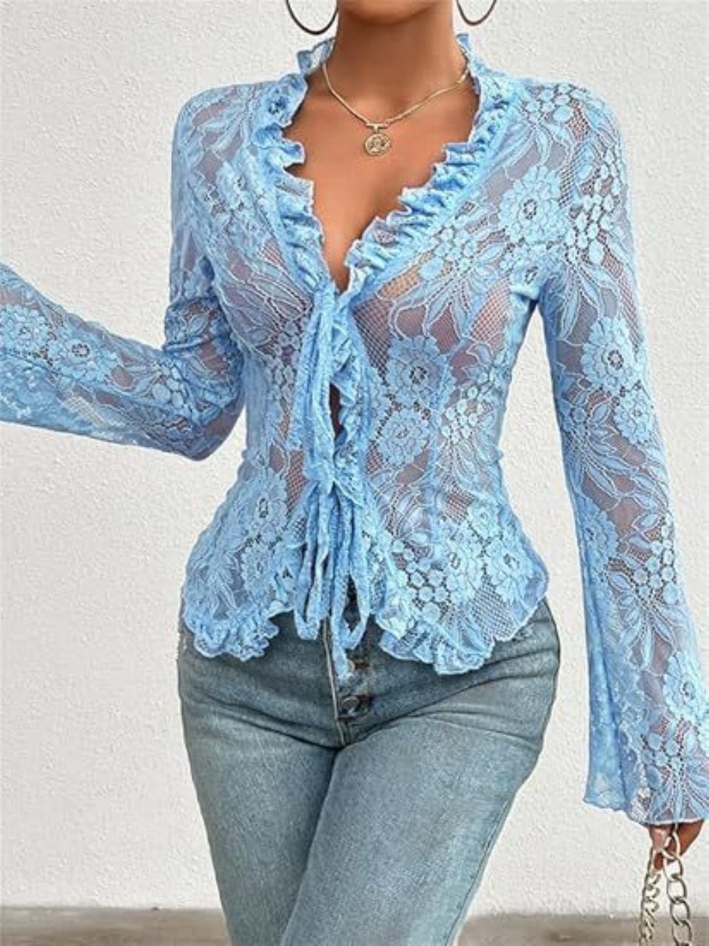 Lace See-through Ruffle Open Front With Tie Sweet T-shirts