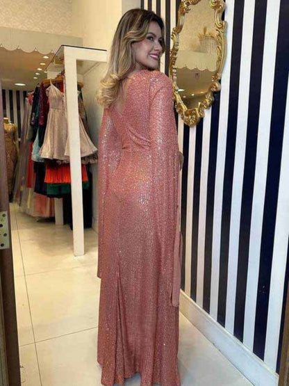 V-neck Hip-hugging Sequins Cloak Parties Maxi Dresses