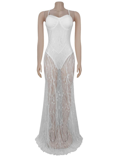 Lace Patchwork Evening Gown See-through Backless Camisoles Maxi Dresses
