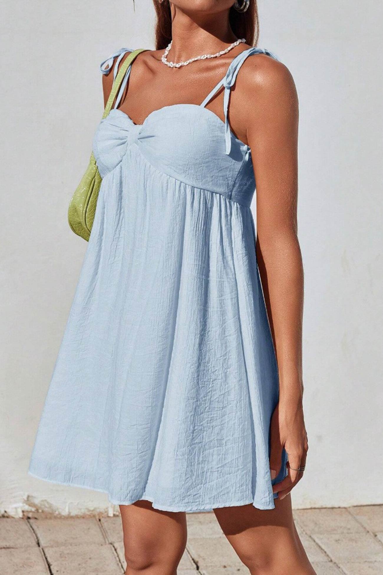 Tie Shoulder Sweetheart Crinkled Texture Babydoll Mini Dress