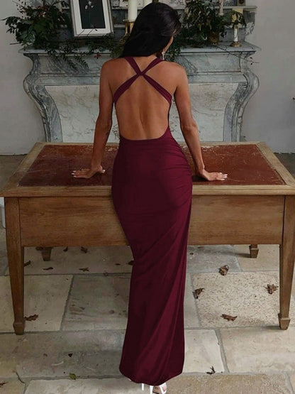Swing Collar Halter Metal Decoration Maxi Dresses