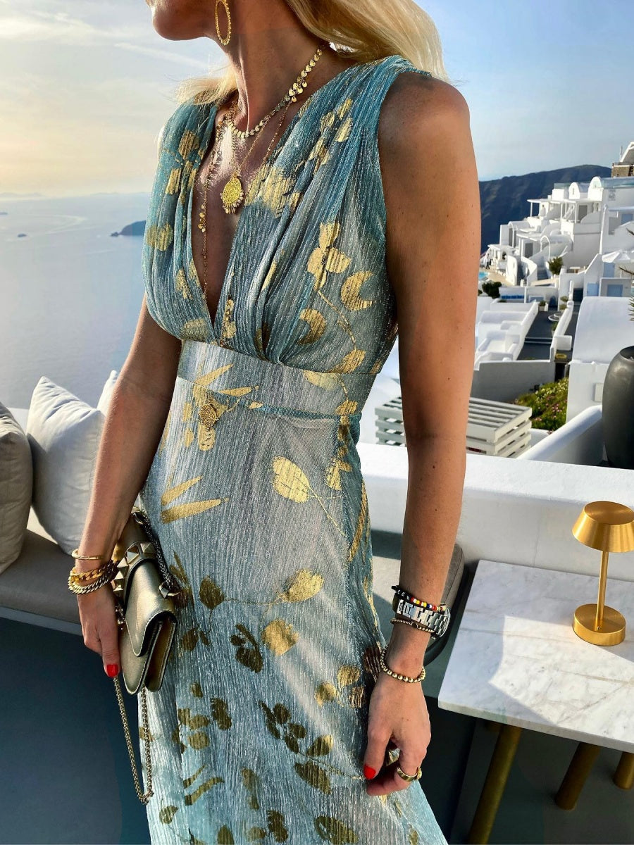 Printed Gathering Hot Stamping V-neck Sexy Maxi Dresses