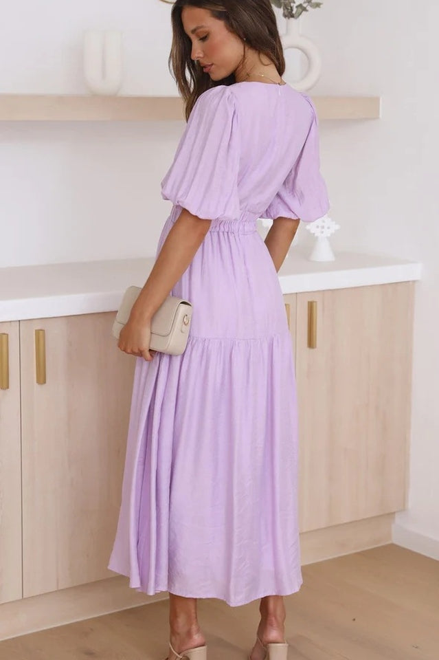 V Neck Puff Sleeve Smocked Empire Waist Tiered Midi Dress