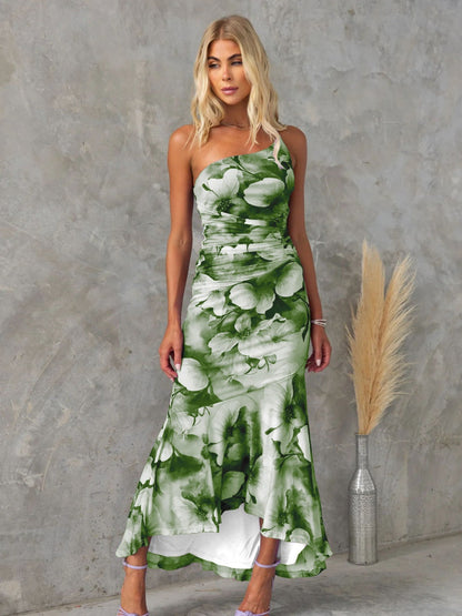 Sloping Shoulders Printed Stretch Tube Top Maxi Dresses