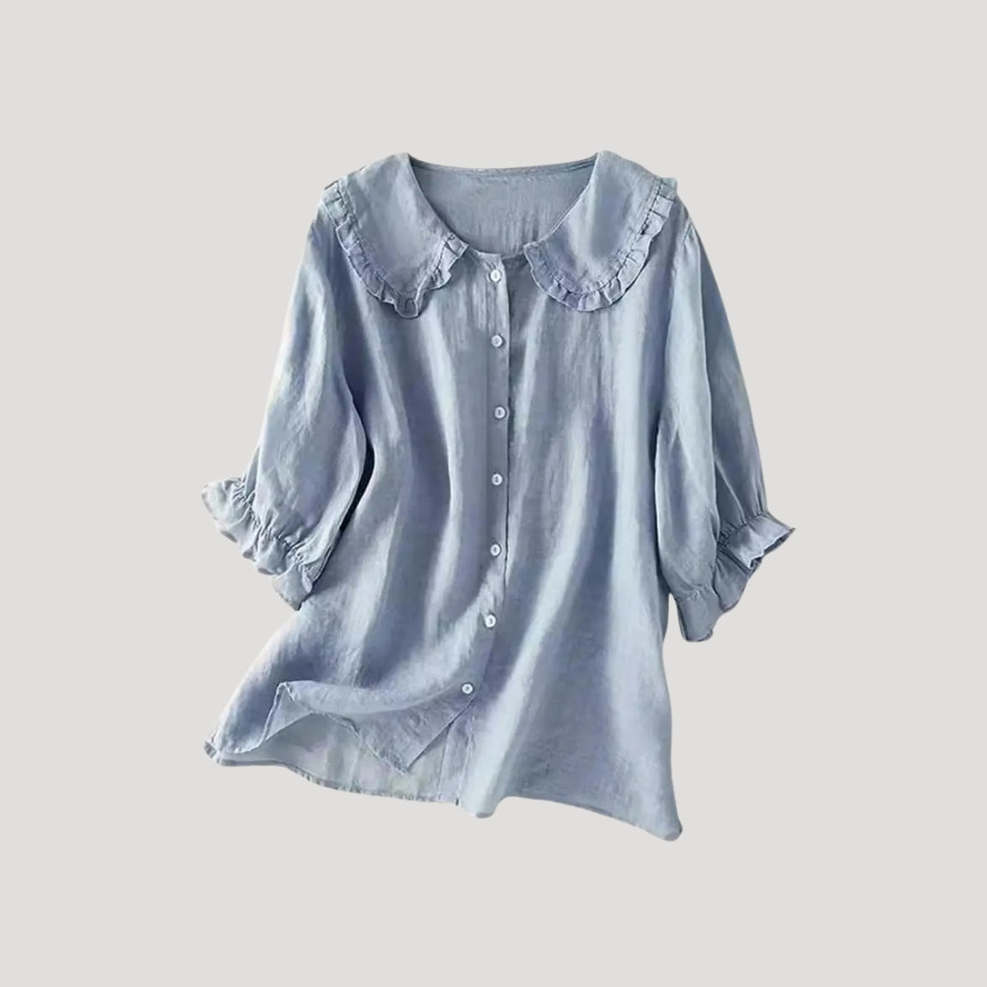 | Linen Blend Blouse Long Sleeve Ruffle Collar Top